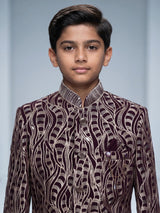 Wine boys poly cotton indowestern set with golden sequins