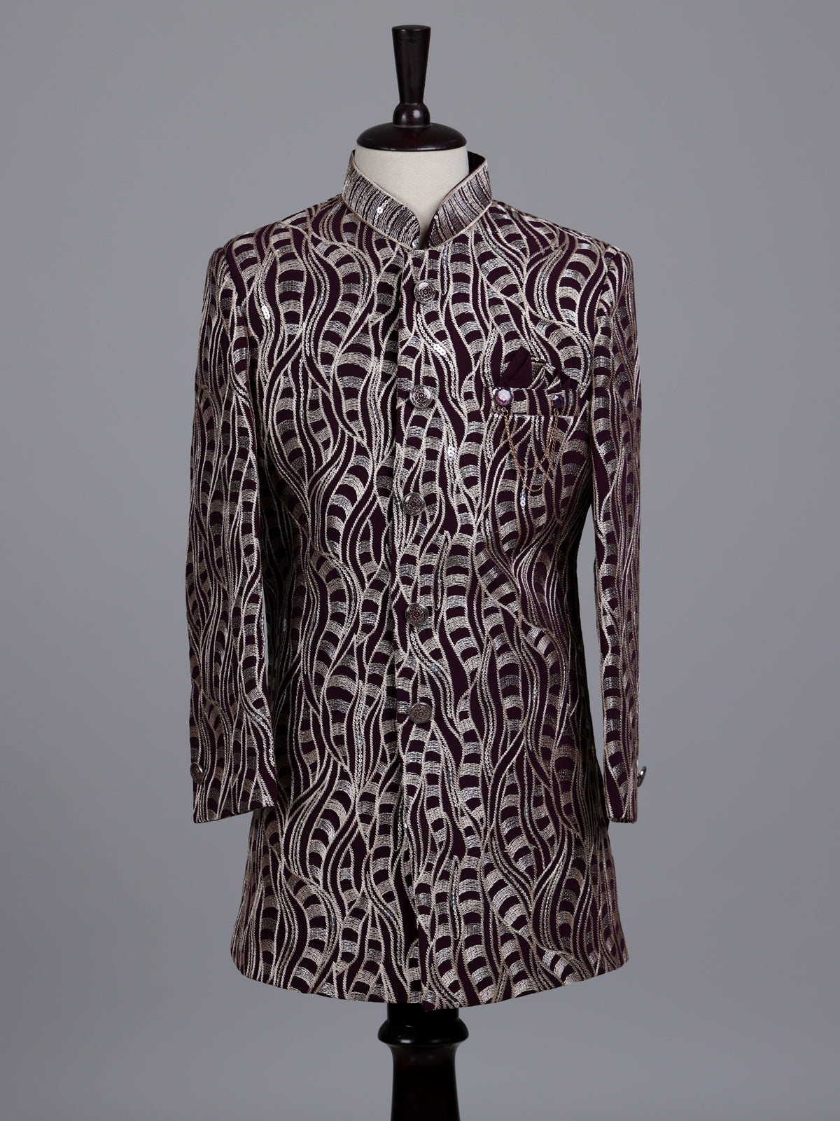 Wine boys poly cotton indowestern set with golden sequins