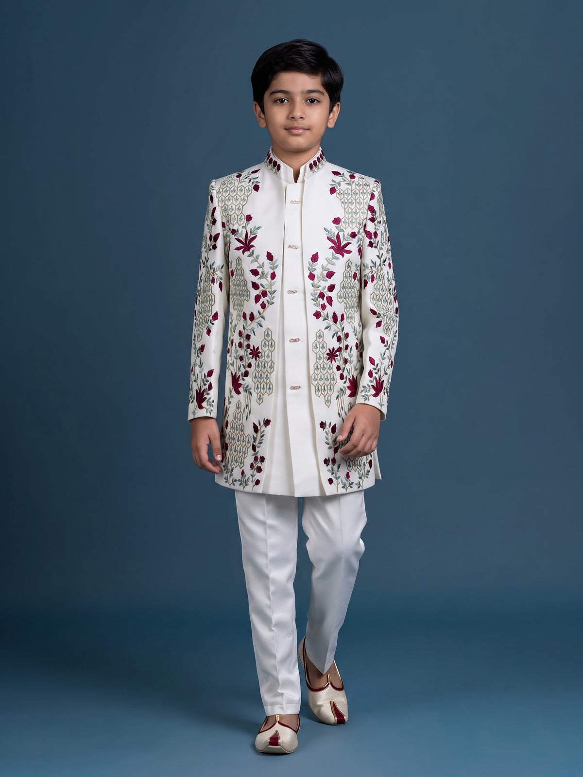 White boys terry rayon indowestern set with long jacket style