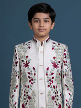 White boys terry rayon indowestern set with long jacket style