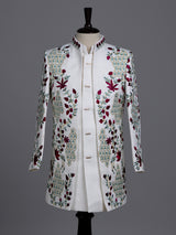 White boys terry rayon indowestern set with long jacket style