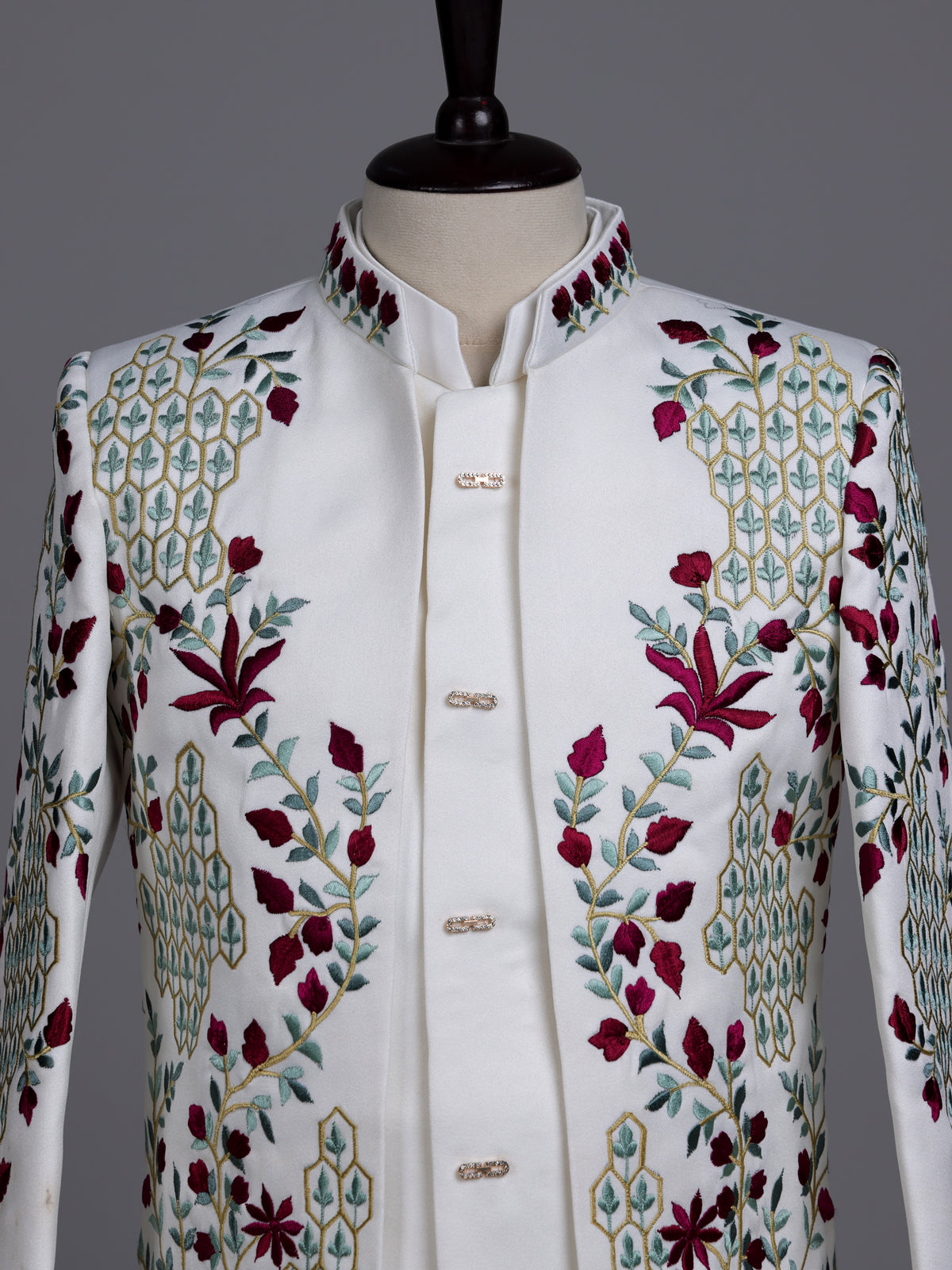 White boys terry rayon indowestern set with long jacket style