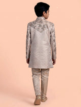 Beige boys silk indowestern set with floral gota embellishments