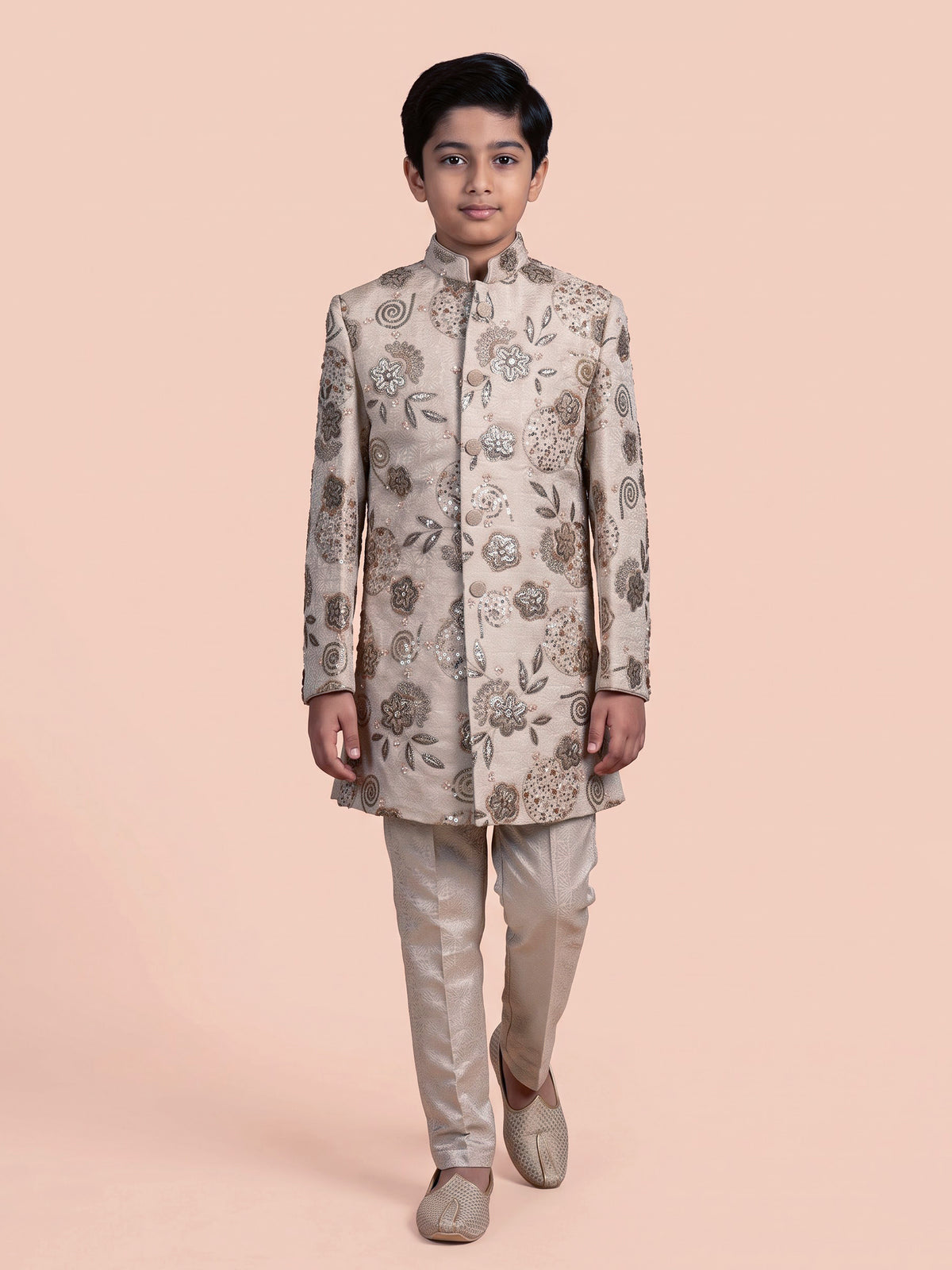 Beige boys silk indowestern set with floral gota embellishments