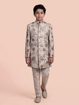 Beige boys silk indowestern set with floral gota embellishments