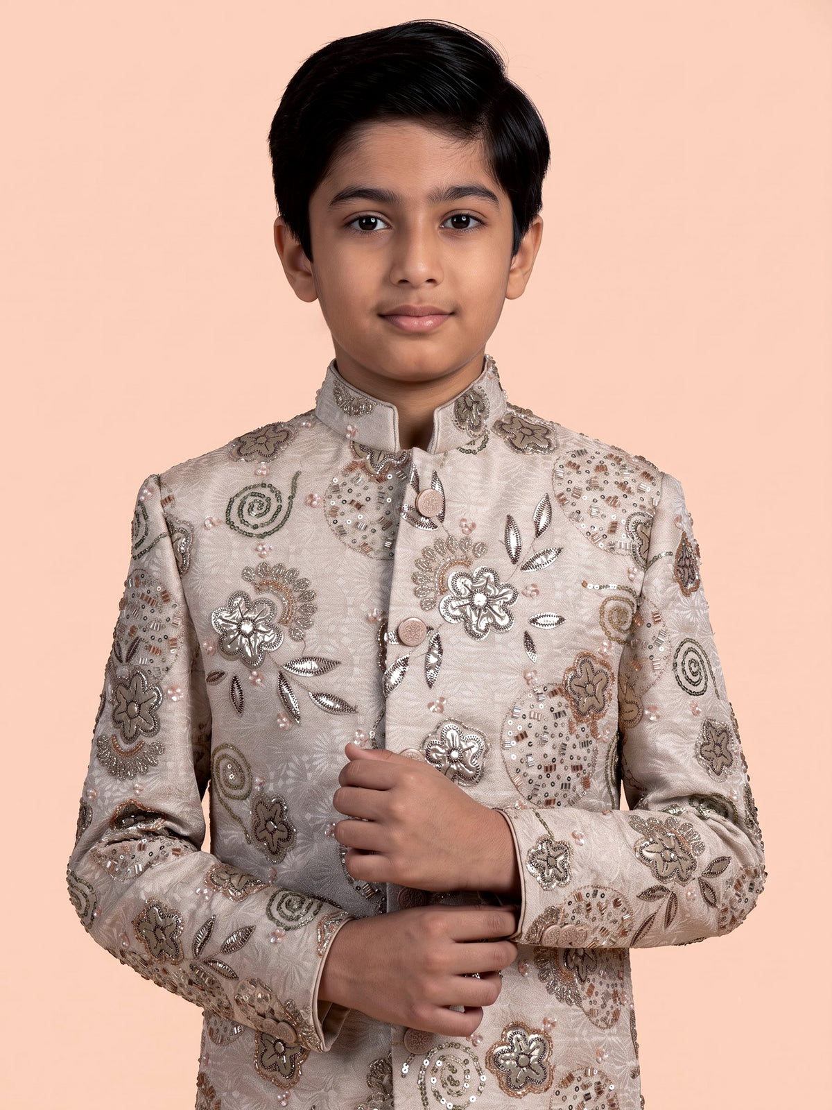 Beige boys silk indowestern set with floral gota embellishments