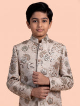 Beige boys silk indowestern set with floral gota embellishments