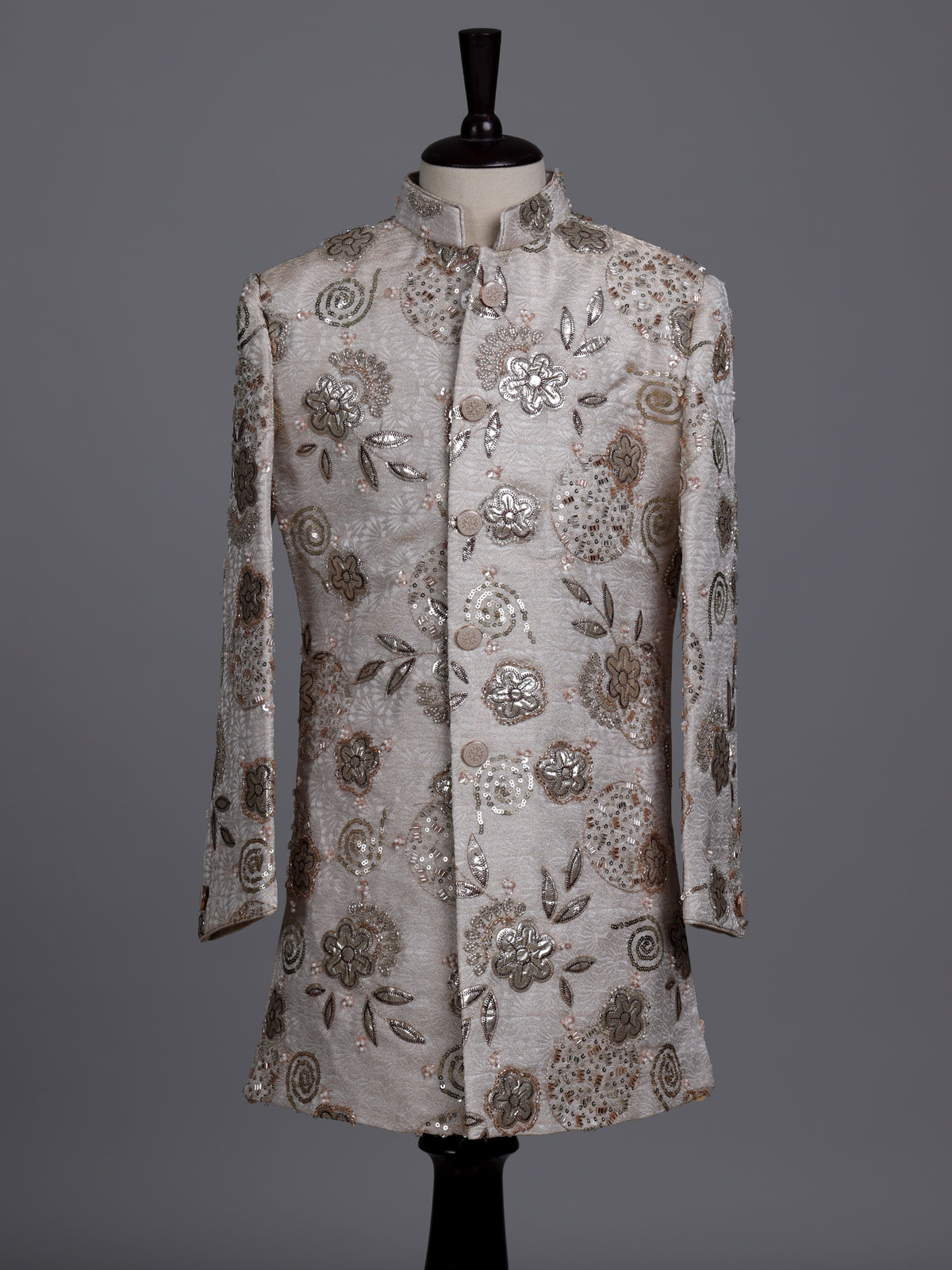Beige boys silk indowestern set with floral gota embellishments