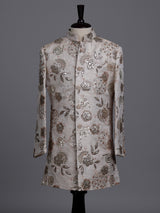 Beige boys silk indowestern set with floral gota embellishments