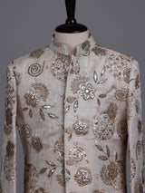 Beige boys silk indowestern set with floral gota embellishments