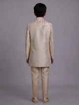 Beige boys silk indowestern set with floral sequins and cutdana
