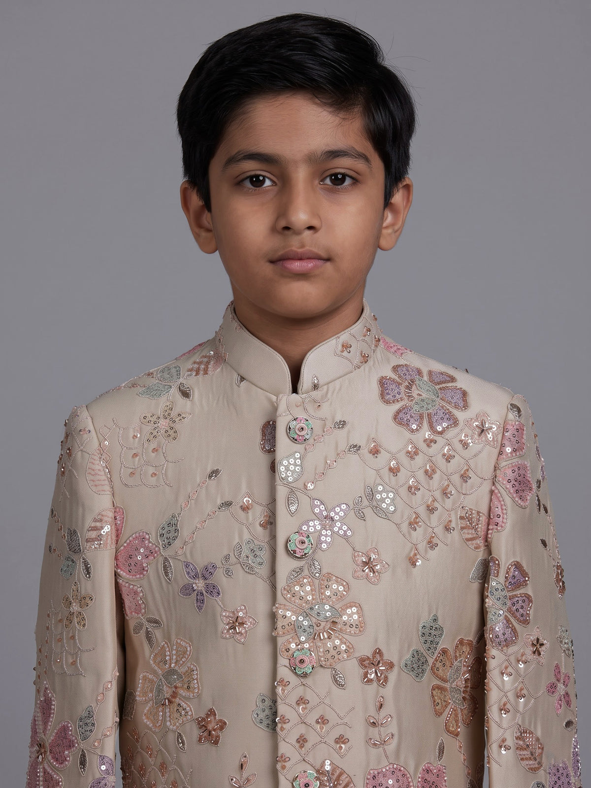 Beige boys silk indowestern set with floral sequins and cutdana