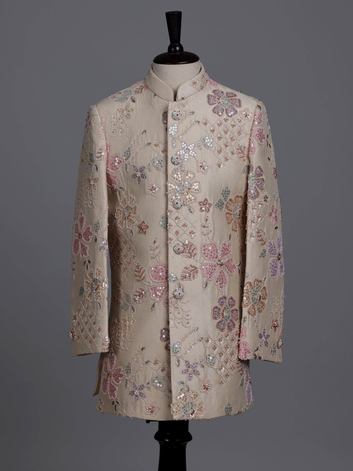Beige boys silk indowestern set with floral sequins and cutdana