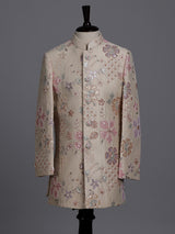 Beige boys silk indowestern set with floral sequins and cutdana
