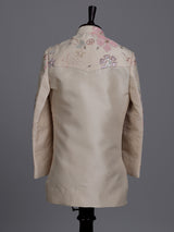 Beige boys silk indowestern set with floral sequins and cutdana