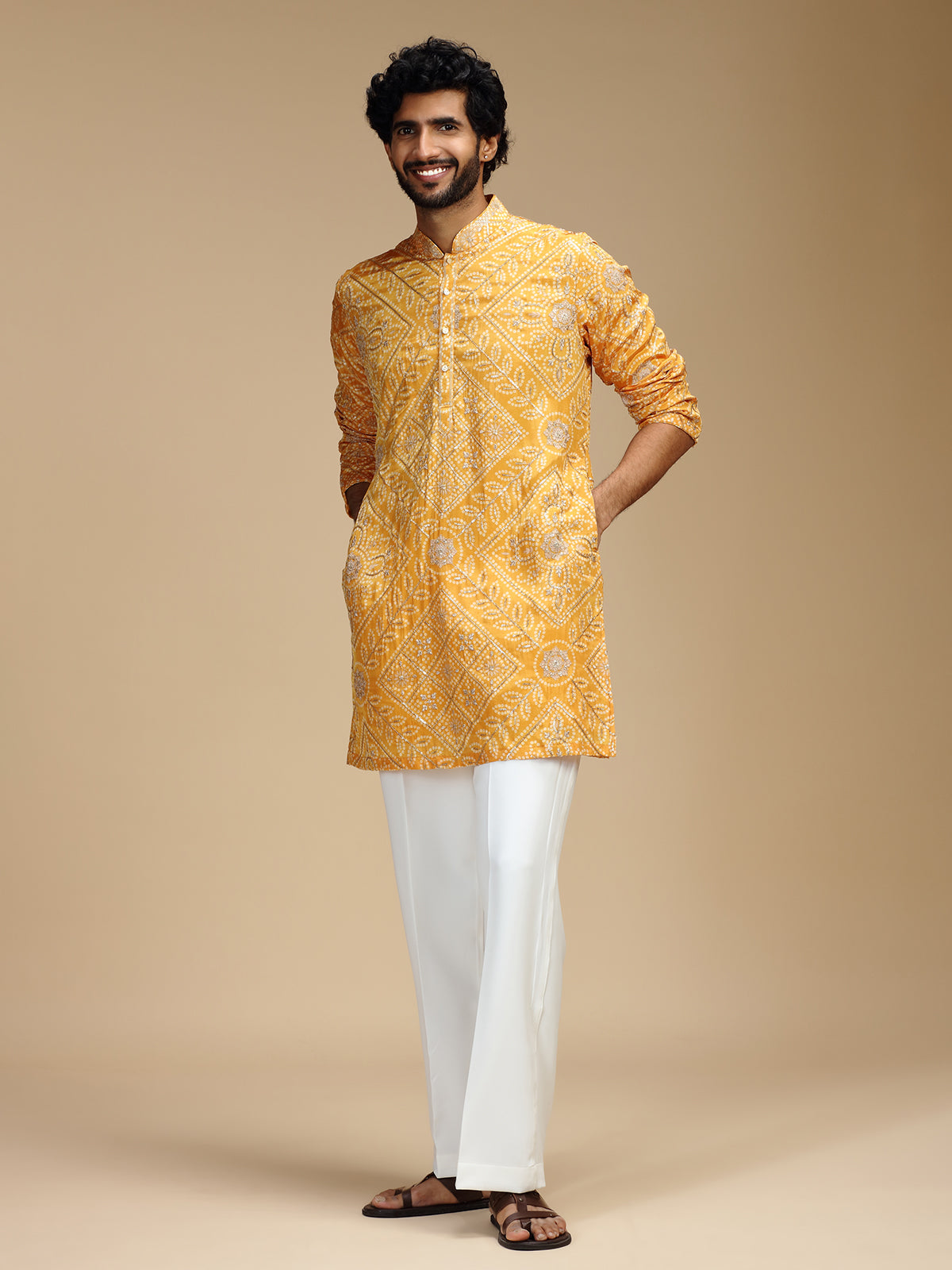Mustard yellow pure crepe mens kurta suit for haldi