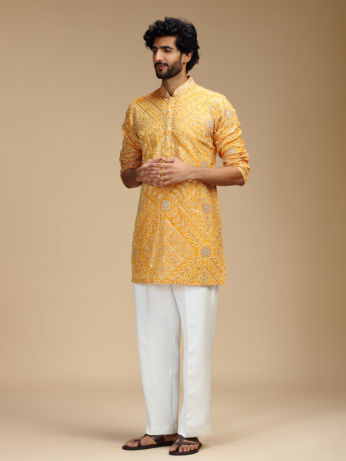 Mustard yellow pure crepe mens kurta suit for haldi