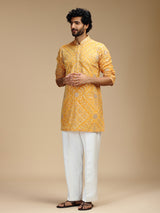 Mustard yellow pure crepe mens kurta suit for haldi