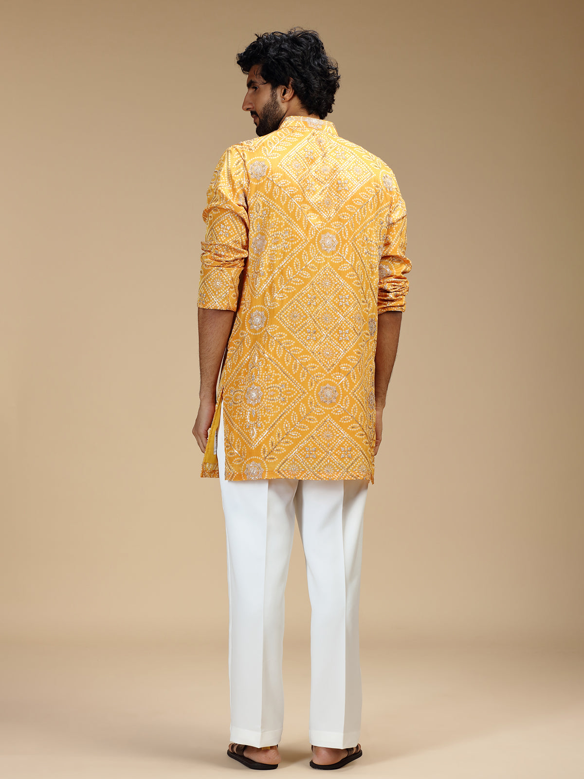 Mustard yellow pure crepe mens kurta suit for haldi