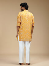 Mustard yellow pure crepe mens kurta suit for haldi