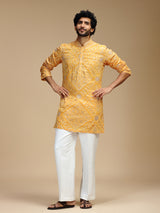 Mustard yellow pure crepe mens kurta suit for haldi