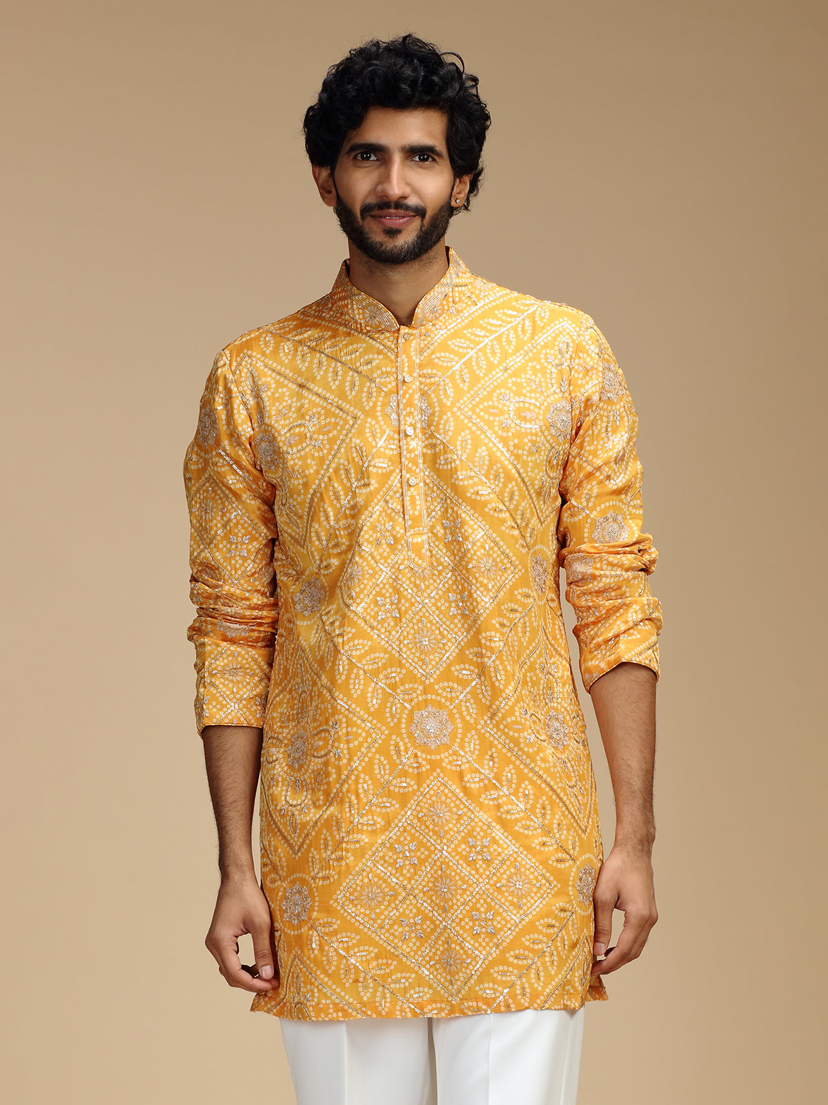 Mustard yellow pure crepe mens kurta suit for haldi