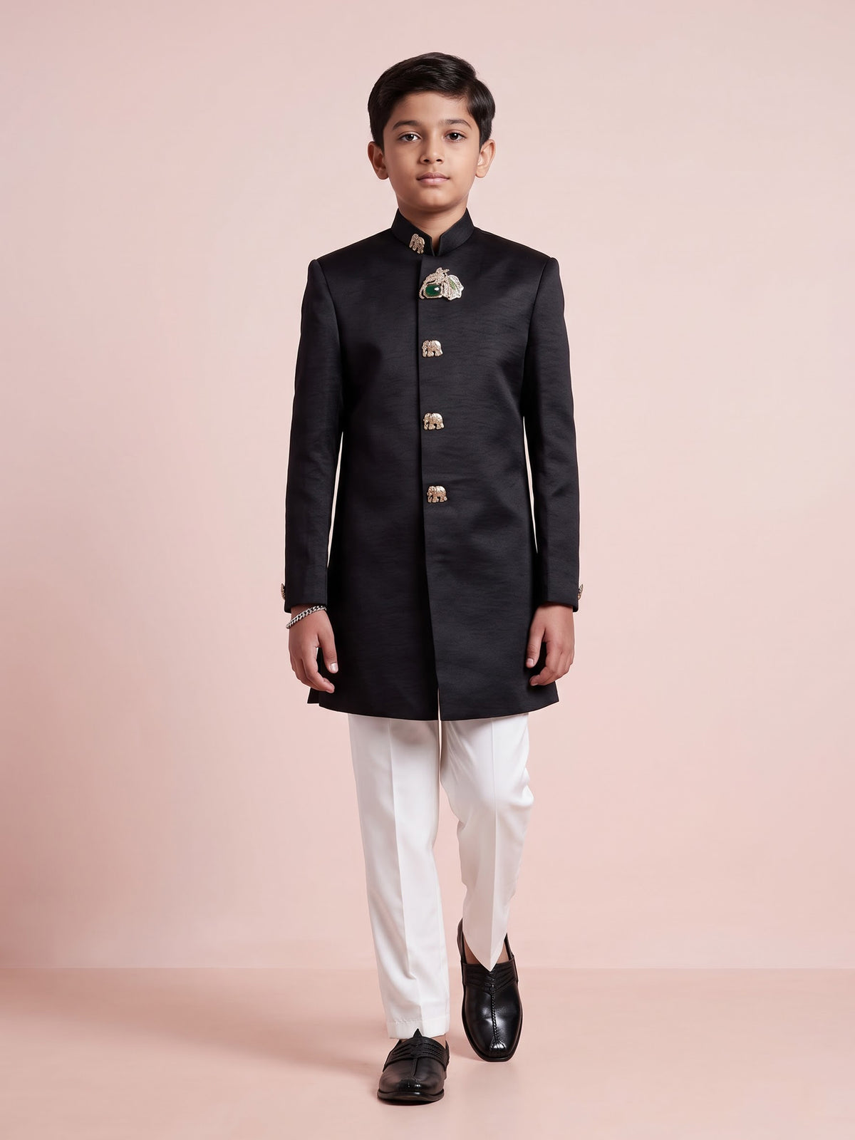 Jet black boys silk indowestern set with antique gold buttons