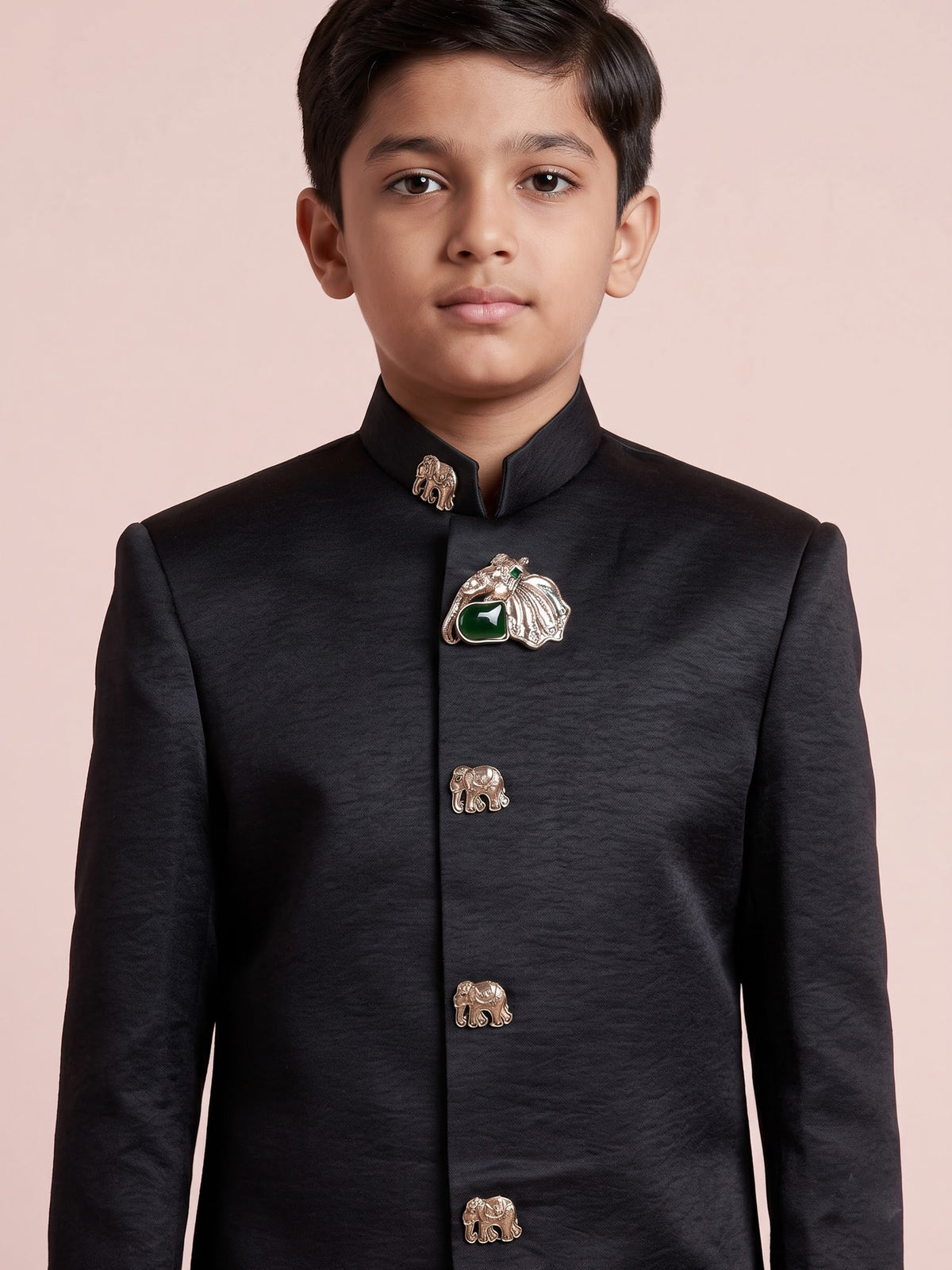 Jet black boys silk indowestern set with antique gold buttons