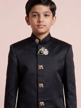 Jet black boys silk indowestern set with antique gold buttons