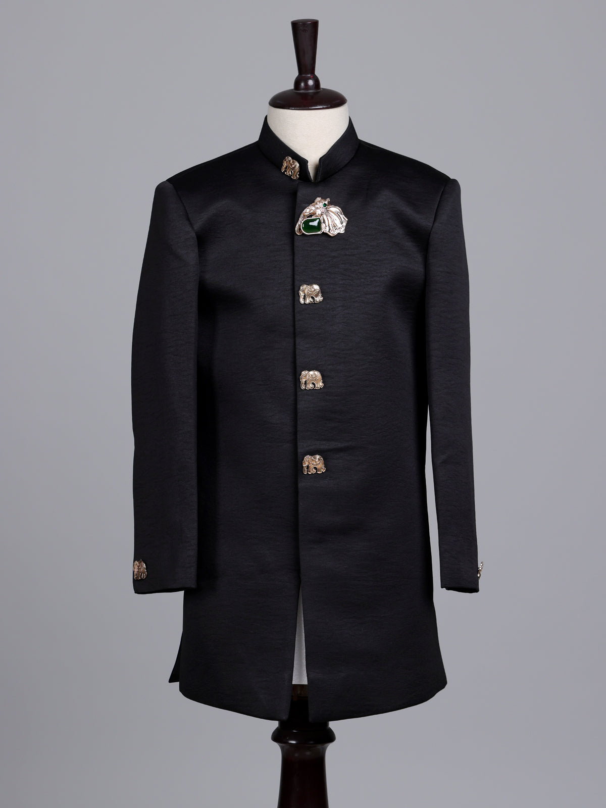 Jet black boys silk indowestern set with antique gold buttons