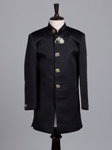 Jet black boys silk indowestern set with antique gold buttons