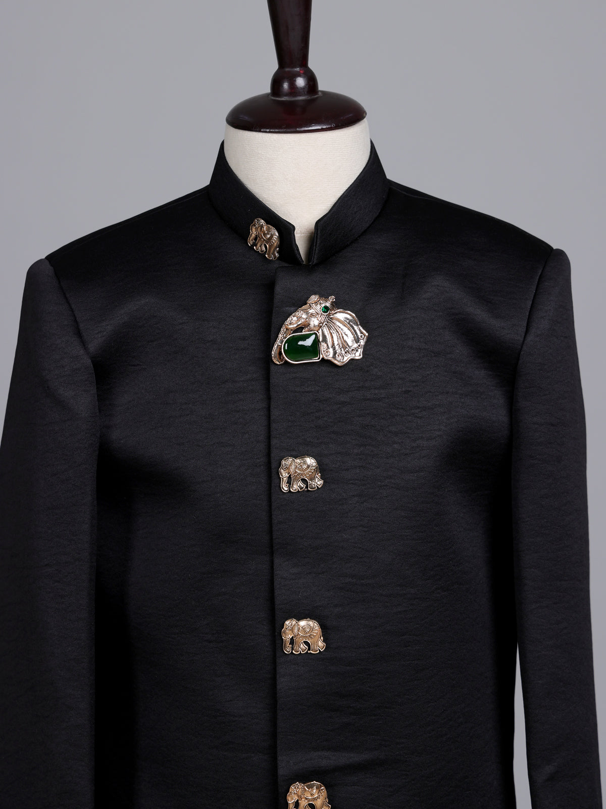 Jet black boys silk indowestern set with antique gold buttons