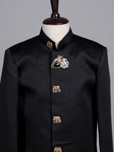 Jet black boys silk indowestern set with antique gold buttons