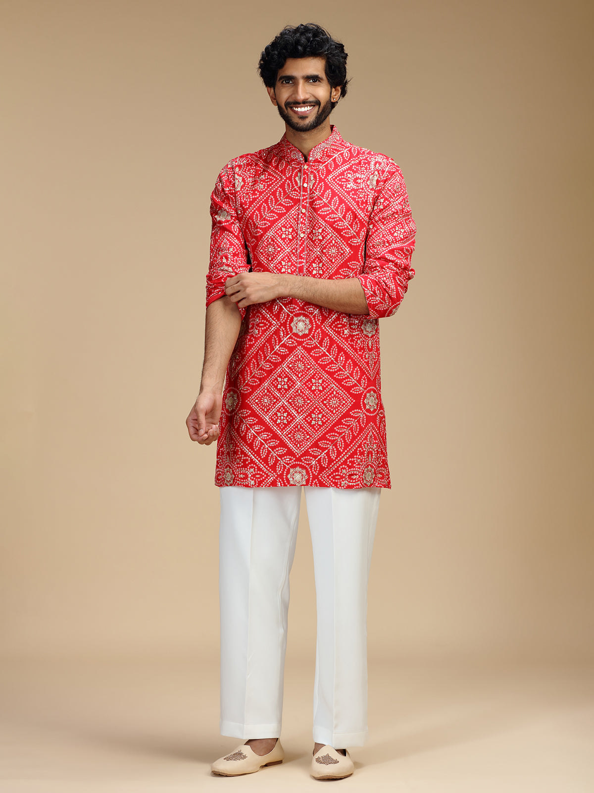 Red art silk mens kurta suit with floral panels