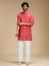 Red art silk mens kurta suit with floral panels
