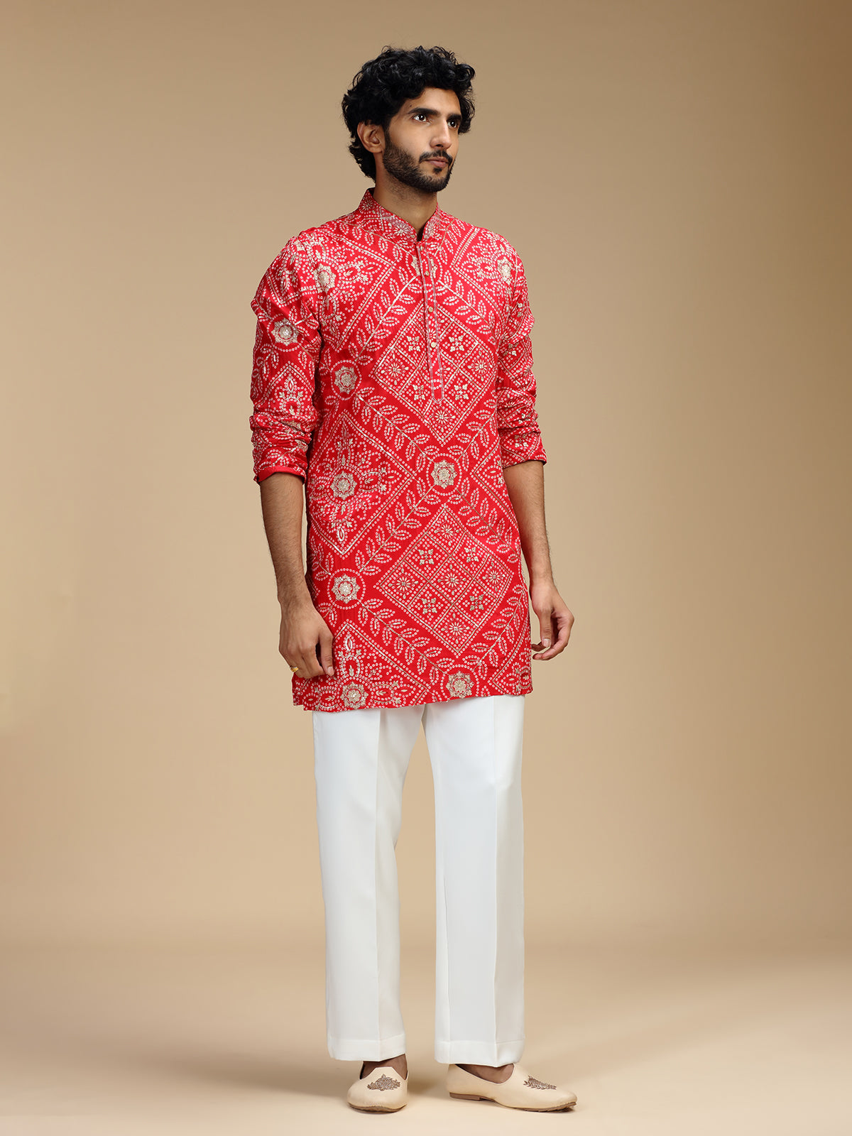 Red art silk mens kurta suit with floral panels