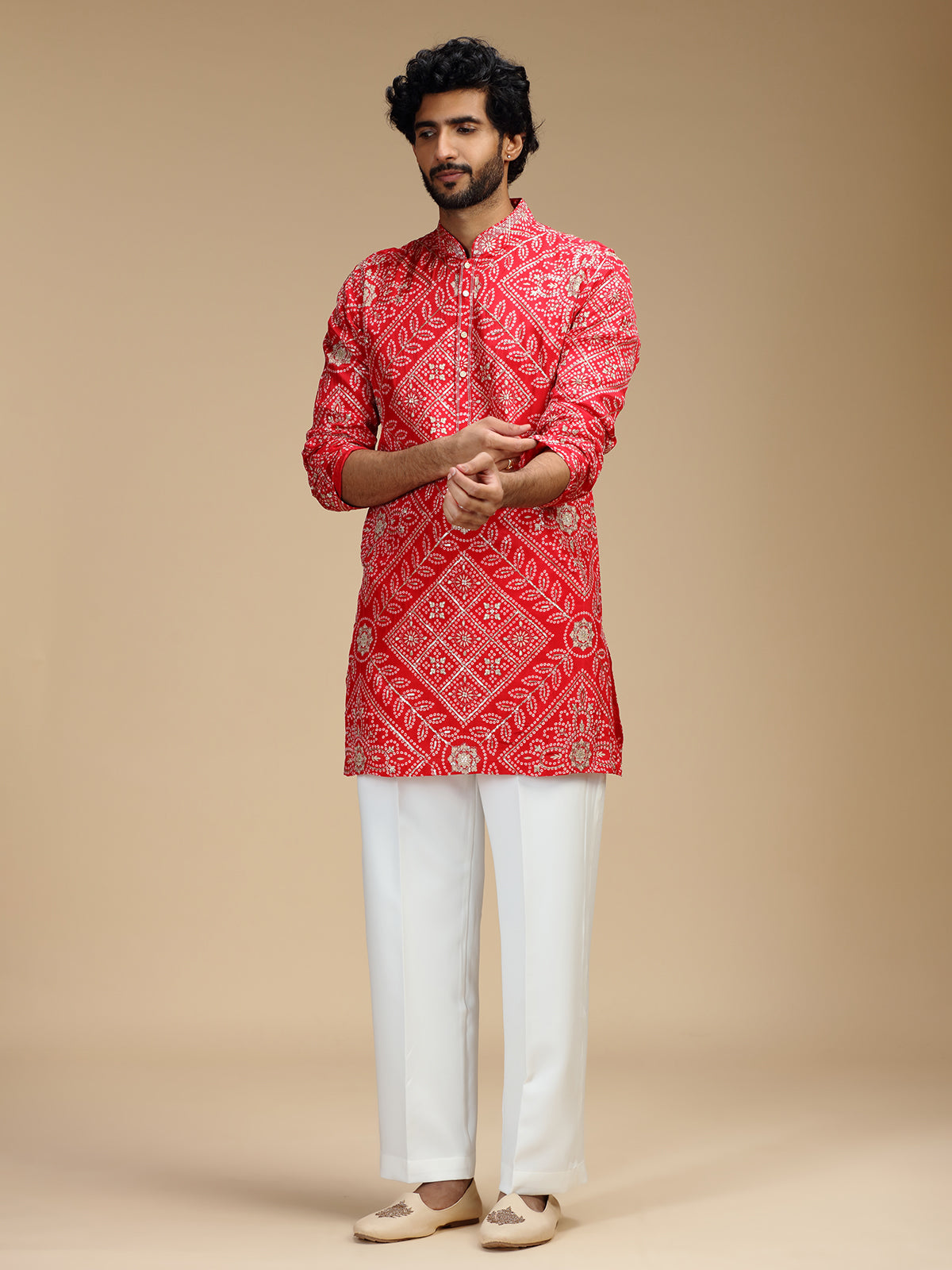 Red art silk mens kurta suit with floral panels