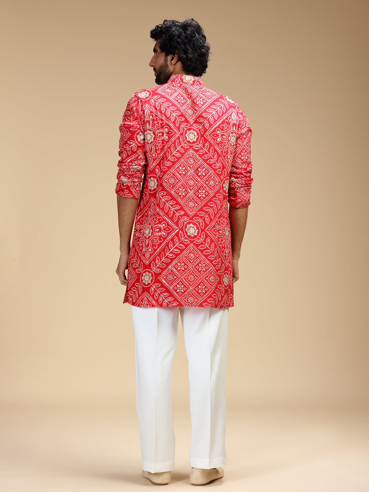 Red art silk mens kurta suit with floral panels