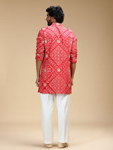 Red art silk mens kurta suit with floral panels