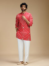 Red art silk mens kurta suit with floral panels