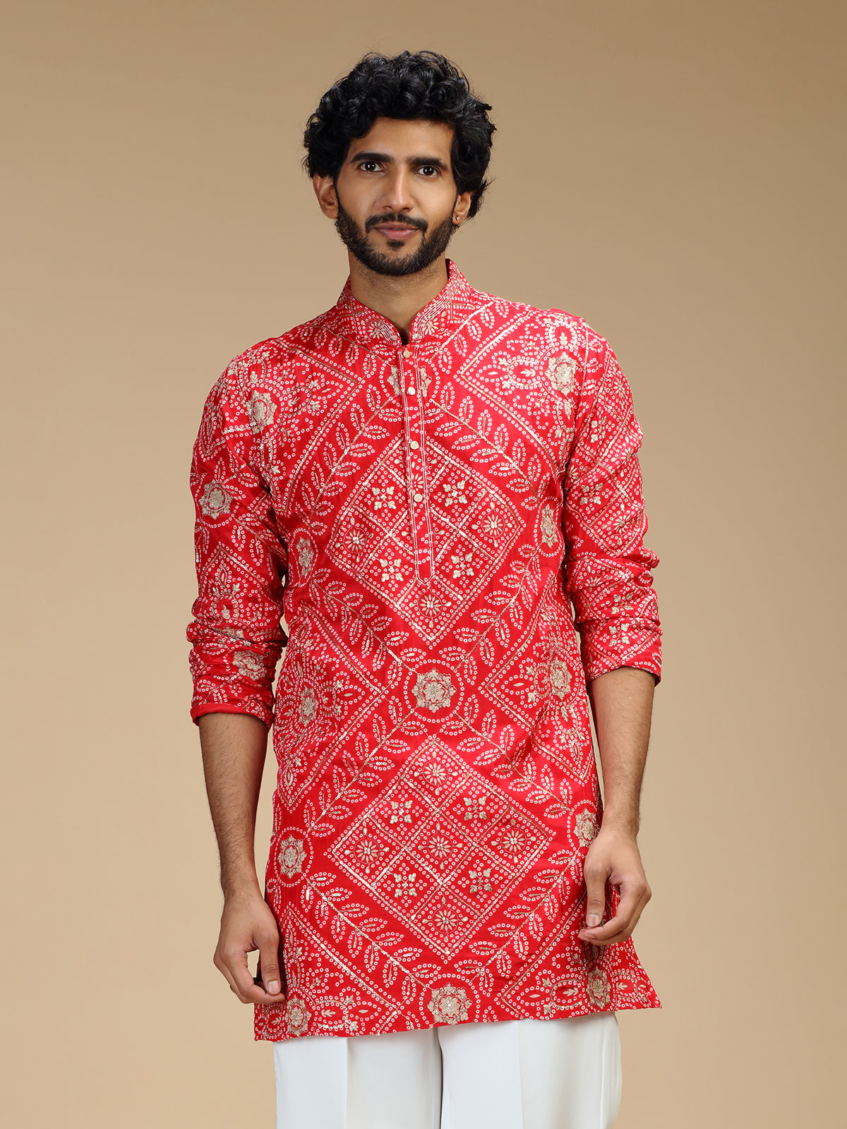 Red art silk mens kurta suit with floral panels