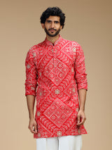 Red pure crepe mens kurta suit with floral panels