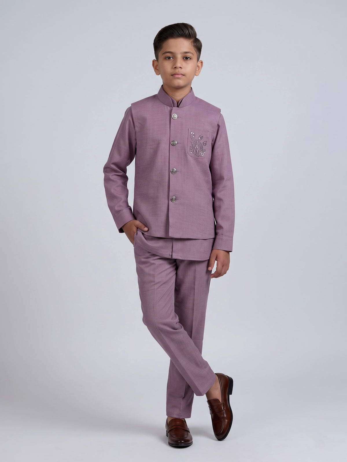 Pink boys waistcoat set with zardosi chest pocket embellishments