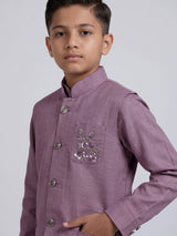 Pink boys waistcoat set with zardosi chest pocket embellishments