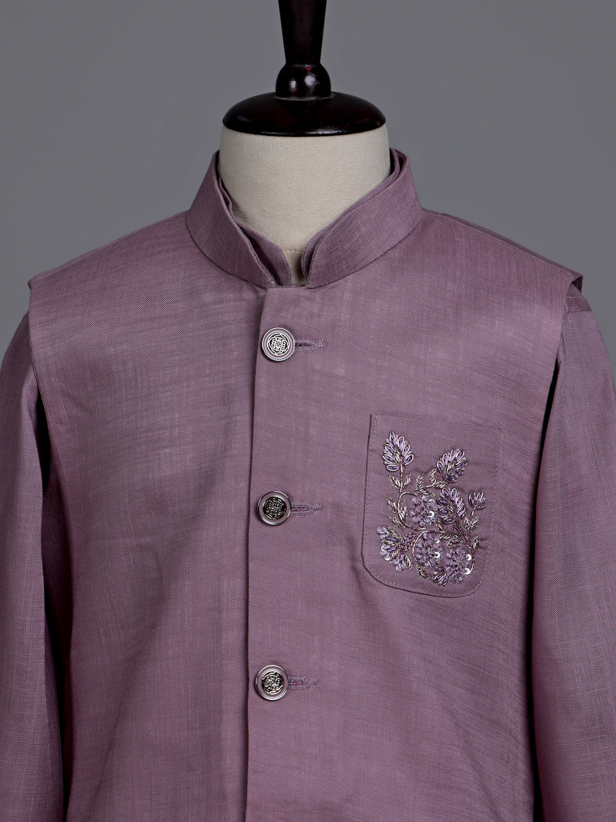 Pink boys waistcoat set with zardosi chest pocket embellishments