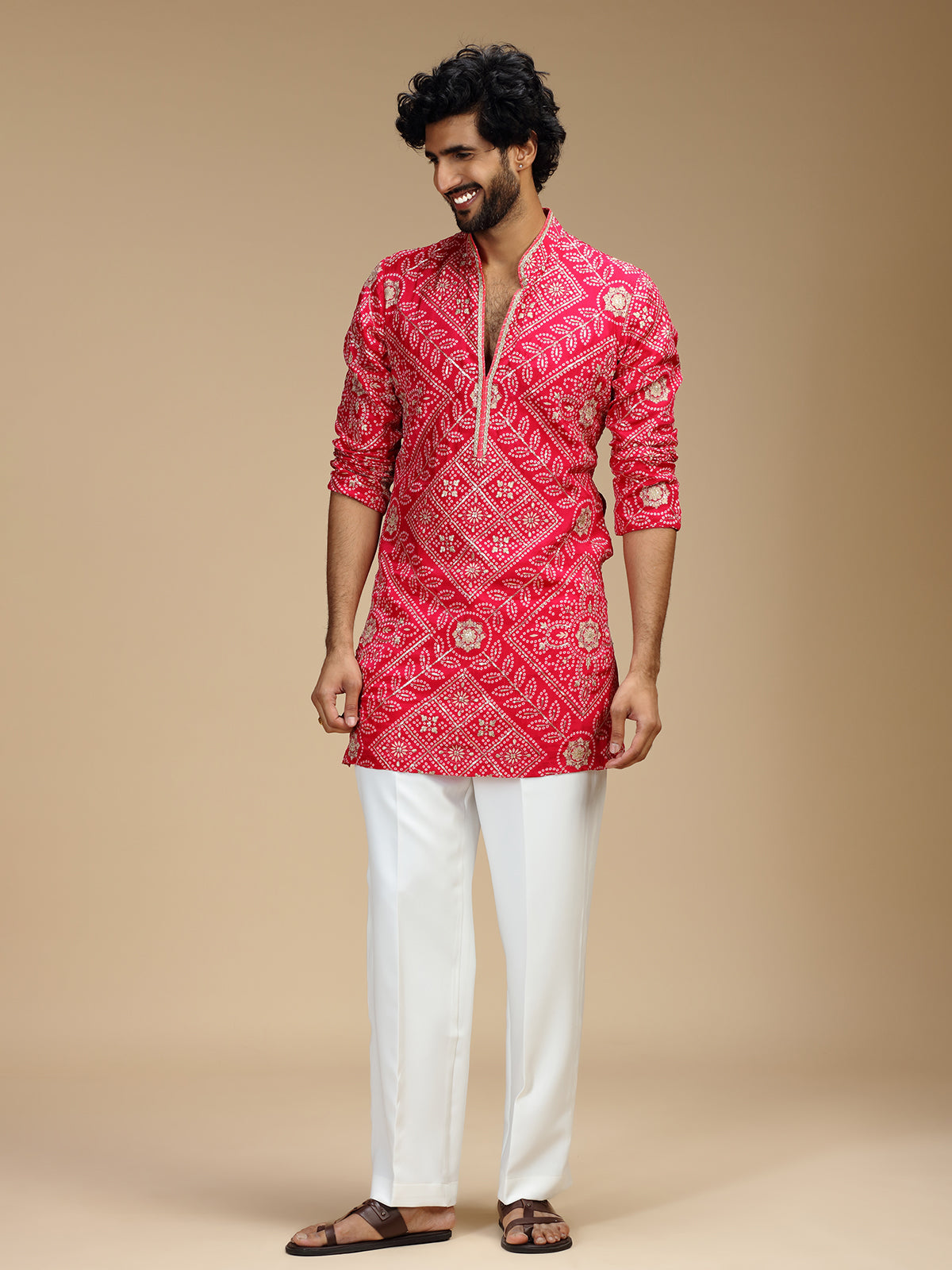 Magenta pink art silk mens kurta suit with floral medallions