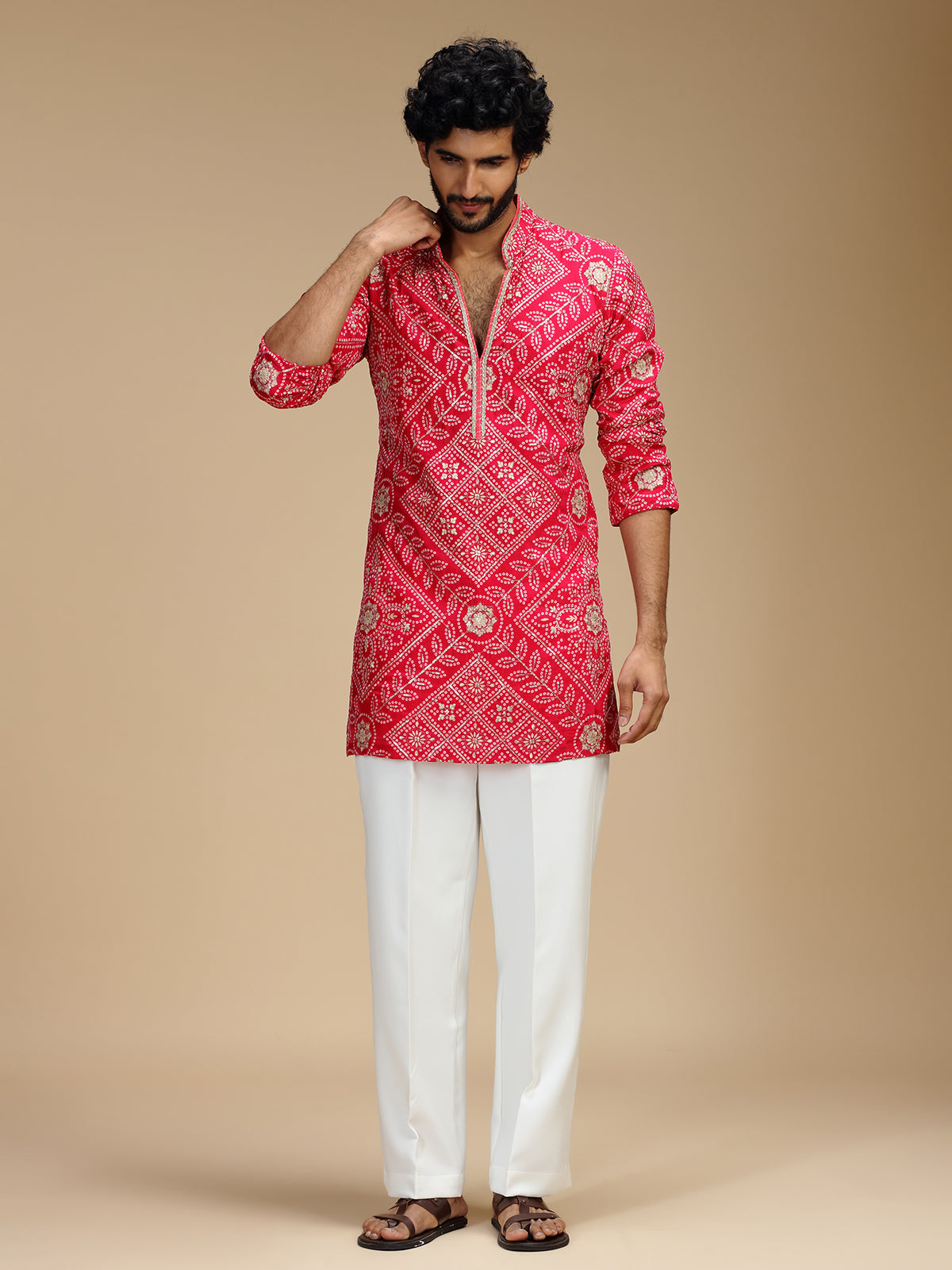 Magenta pink art silk mens kurta suit with floral medallions