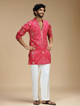 Magenta pink art silk mens kurta suit with floral medallions
