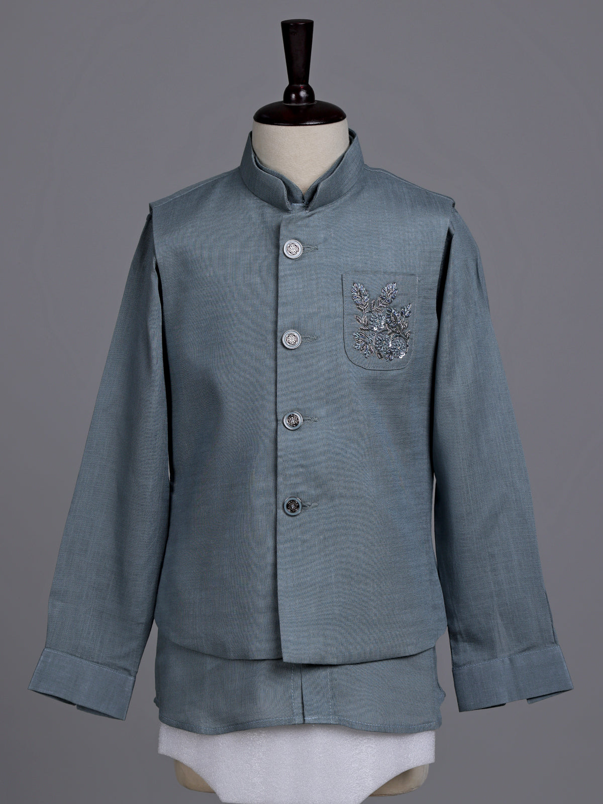 Stone grey boys waistcoat set with zardosi chest pocket accents