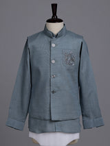 Stone grey boys waistcoat set with zardosi chest pocket accents